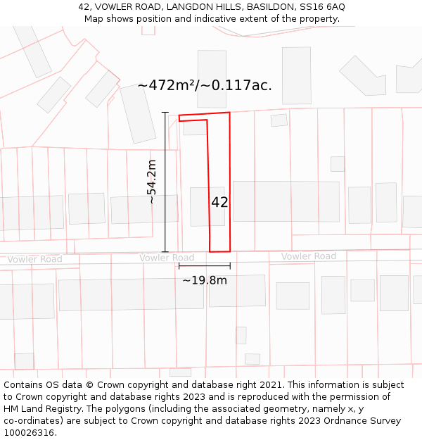 42, VOWLER ROAD, LANGDON HILLS, BASILDON, SS16 6AQ: Plot and title map