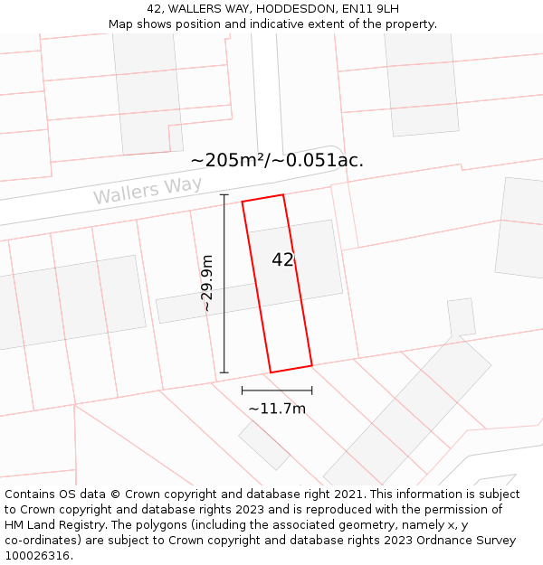 42, WALLERS WAY, HODDESDON, EN11 9LH: Plot and title map