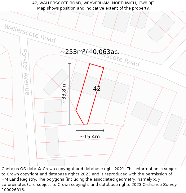 42, WALLERSCOTE ROAD, WEAVERHAM, NORTHWICH, CW8 3JT: Plot and title map