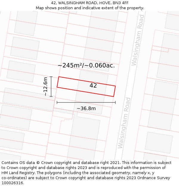 42, WALSINGHAM ROAD, HOVE, BN3 4FF: Plot and title map