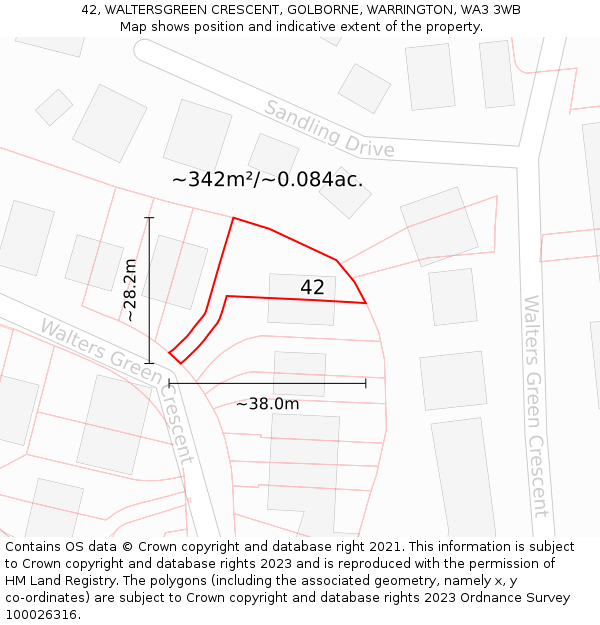 42, WALTERSGREEN CRESCENT, GOLBORNE, WARRINGTON, WA3 3WB: Plot and title map