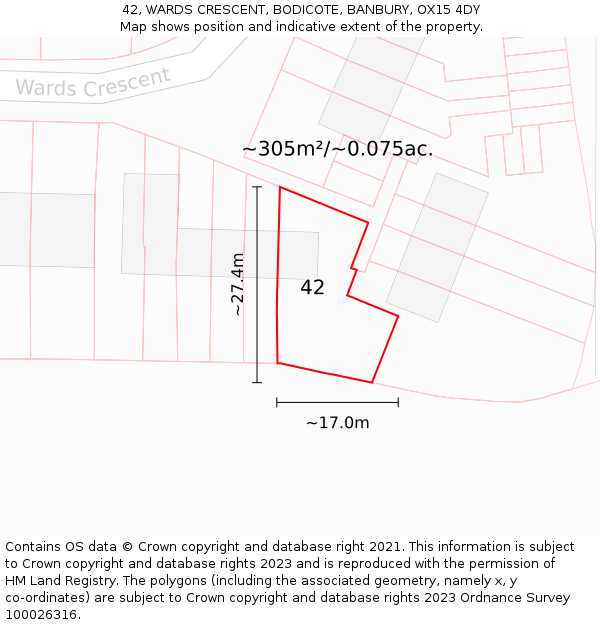 42, WARDS CRESCENT, BODICOTE, BANBURY, OX15 4DY: Plot and title map