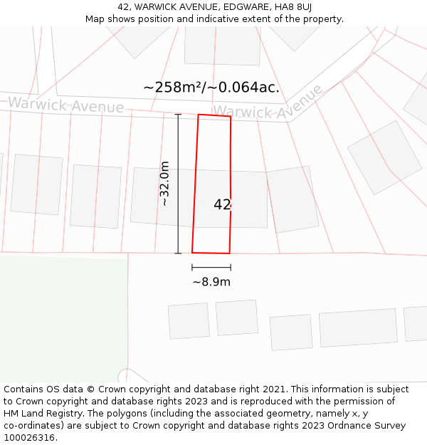 42, WARWICK AVENUE, EDGWARE, HA8 8UJ: Plot and title map