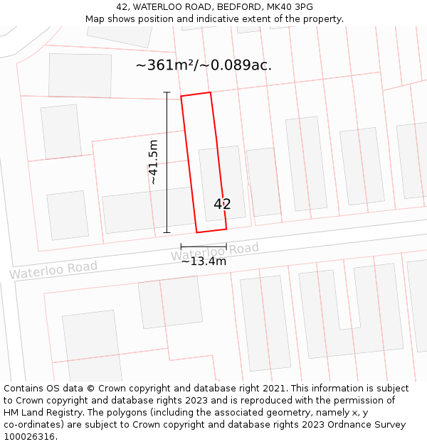 42, WATERLOO ROAD, BEDFORD, MK40 3PG: Plot and title map