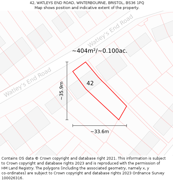 42, WATLEYS END ROAD, WINTERBOURNE, BRISTOL, BS36 1PQ: Plot and title map