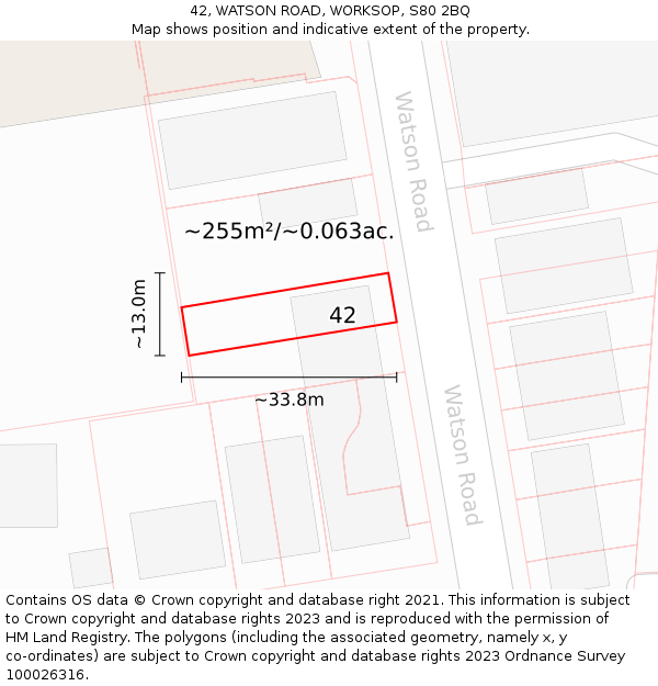 42, WATSON ROAD, WORKSOP, S80 2BQ: Plot and title map
