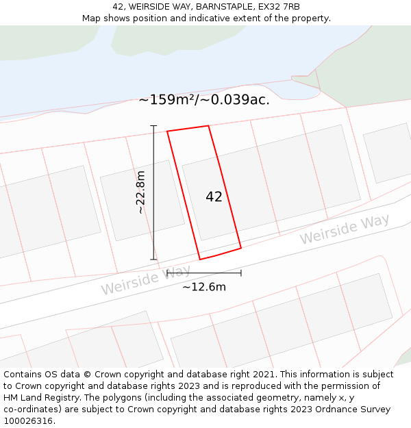 42, WEIRSIDE WAY, BARNSTAPLE, EX32 7RB: Plot and title map