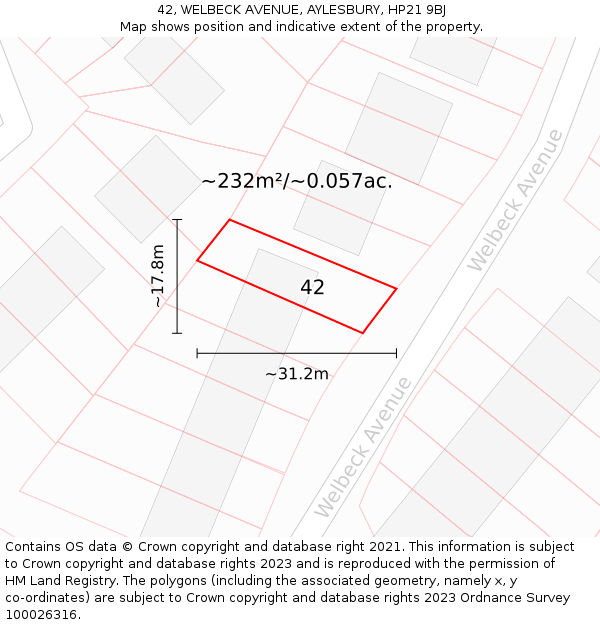 42, WELBECK AVENUE, AYLESBURY, HP21 9BJ: Plot and title map