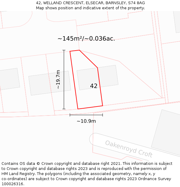 42, WELLAND CRESCENT, ELSECAR, BARNSLEY, S74 8AG: Plot and title map