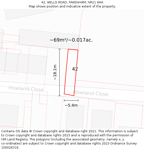 42, WELLS ROAD, FAKENHAM, NR21 9AA: Plot and title map