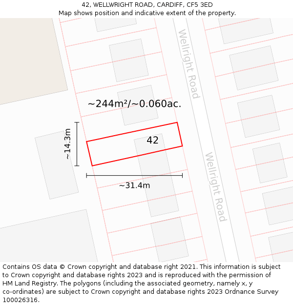 42, WELLWRIGHT ROAD, CARDIFF, CF5 3ED: Plot and title map