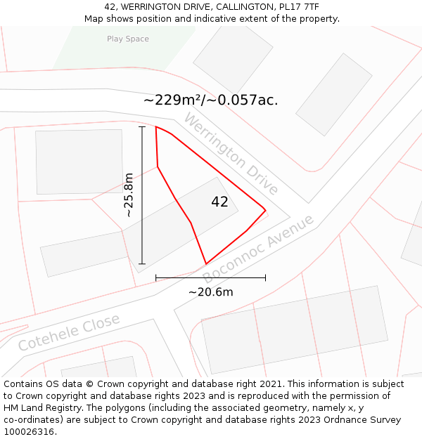 42, WERRINGTON DRIVE, CALLINGTON, PL17 7TF: Plot and title map