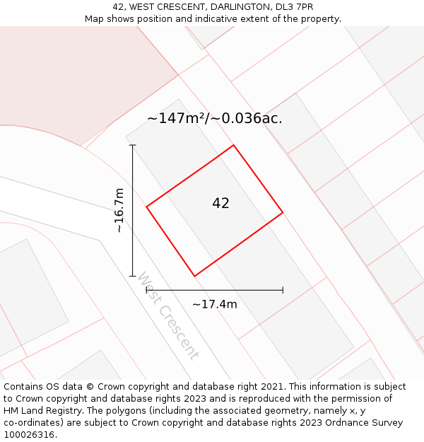 42, WEST CRESCENT, DARLINGTON, DL3 7PR: Plot and title map