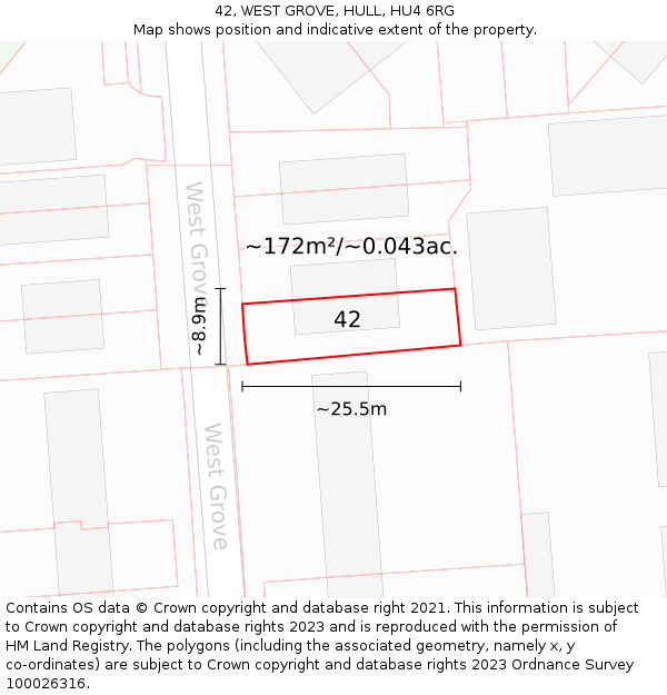 42, WEST GROVE, HULL, HU4 6RG: Plot and title map