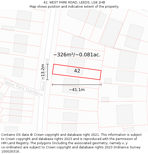 42, WEST PARK ROAD, LEEDS, LS8 2HB: Plot and title map