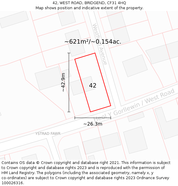 42, WEST ROAD, BRIDGEND, CF31 4HQ: Plot and title map