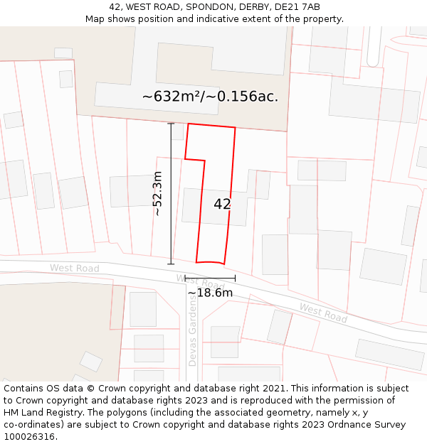 42, WEST ROAD, SPONDON, DERBY, DE21 7AB: Plot and title map