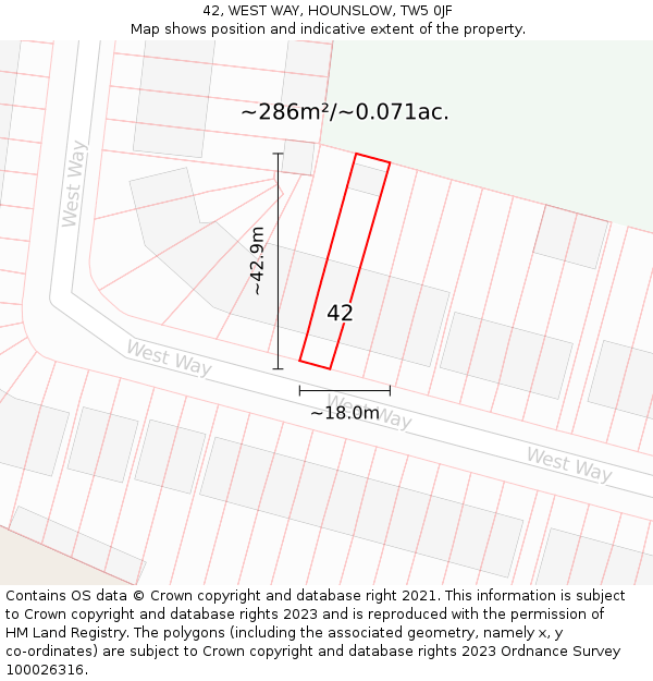 42, WEST WAY, HOUNSLOW, TW5 0JF: Plot and title map