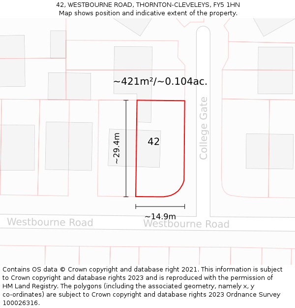 42, WESTBOURNE ROAD, THORNTON-CLEVELEYS, FY5 1HN: Plot and title map