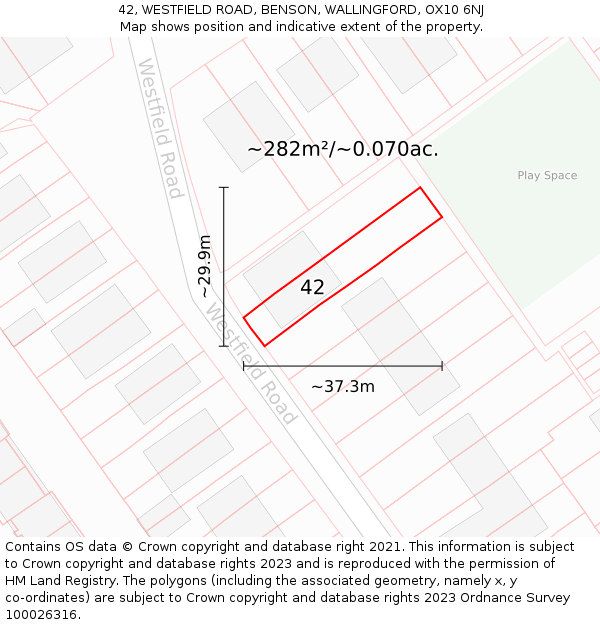 42, WESTFIELD ROAD, BENSON, WALLINGFORD, OX10 6NJ: Plot and title map