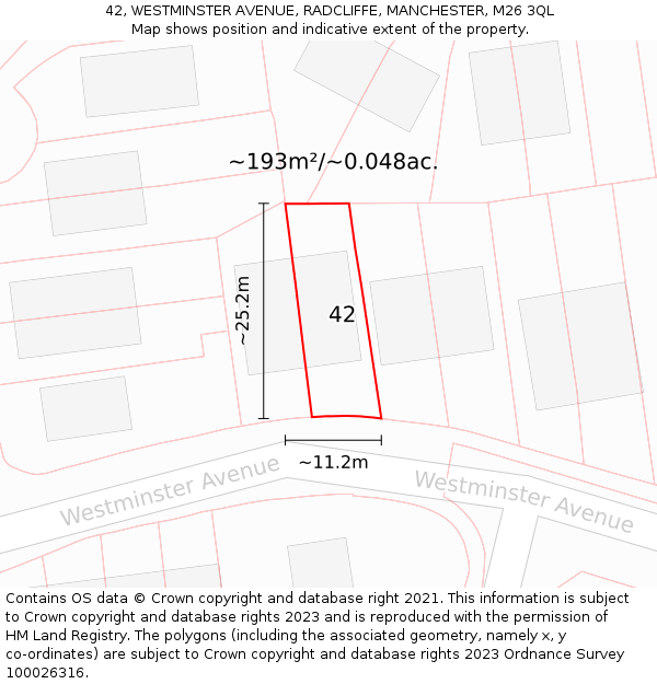 42, WESTMINSTER AVENUE, RADCLIFFE, MANCHESTER, M26 3QL: Plot and title map