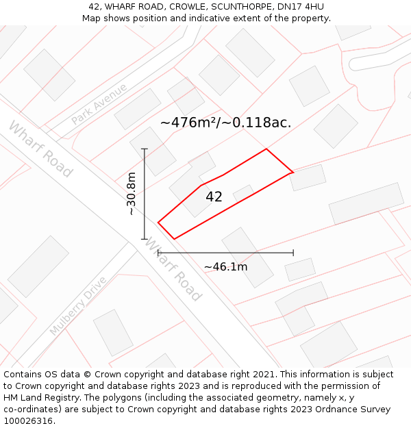 42, WHARF ROAD, CROWLE, SCUNTHORPE, DN17 4HU: Plot and title map