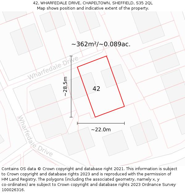 42, WHARFEDALE DRIVE, CHAPELTOWN, SHEFFIELD, S35 2QL: Plot and title map