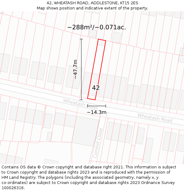 42, WHEATASH ROAD, ADDLESTONE, KT15 2ES: Plot and title map