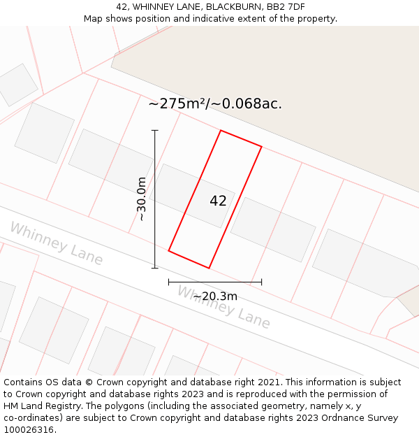 42, WHINNEY LANE, BLACKBURN, BB2 7DF: Plot and title map