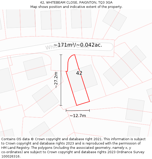 42, WHITEBEAM CLOSE, PAIGNTON, TQ3 3GA: Plot and title map