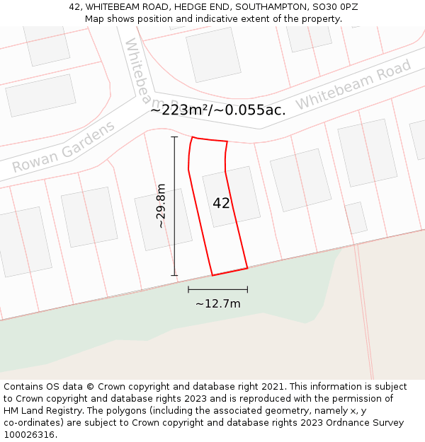 42, WHITEBEAM ROAD, HEDGE END, SOUTHAMPTON, SO30 0PZ: Plot and title map
