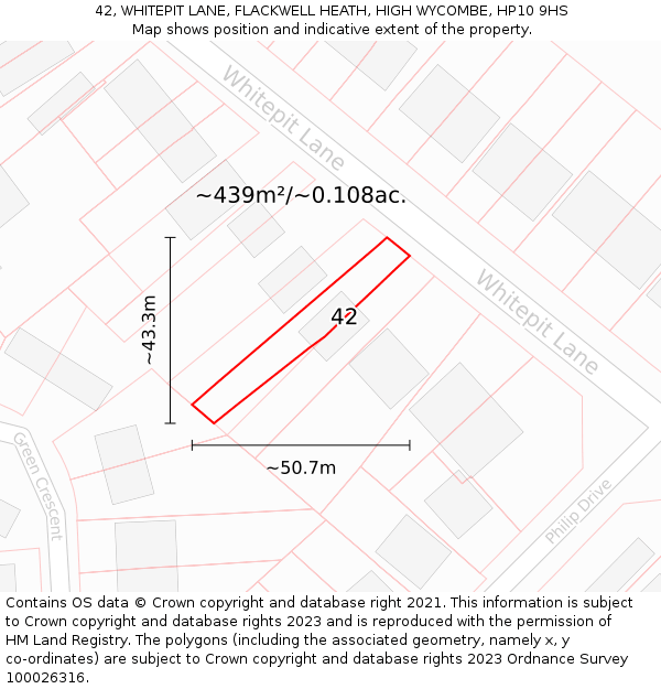 42, WHITEPIT LANE, FLACKWELL HEATH, HIGH WYCOMBE, HP10 9HS: Plot and title map