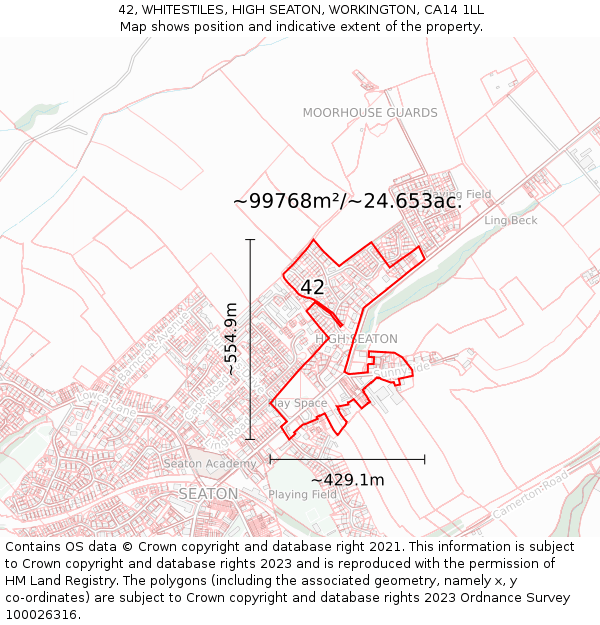 42, WHITESTILES, HIGH SEATON, WORKINGTON, CA14 1LL: Plot and title map