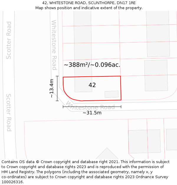 42, WHITESTONE ROAD, SCUNTHORPE, DN17 1RE: Plot and title map