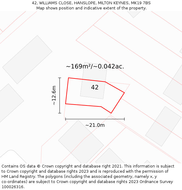 42, WILLIAMS CLOSE, HANSLOPE, MILTON KEYNES, MK19 7BS: Plot and title map