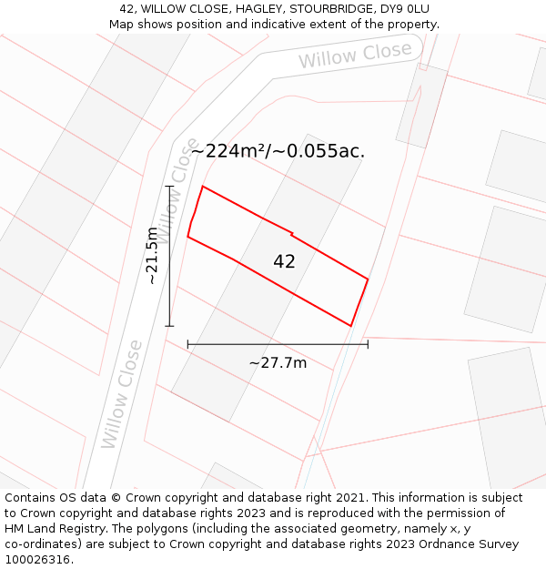 42, WILLOW CLOSE, HAGLEY, STOURBRIDGE, DY9 0LU: Plot and title map