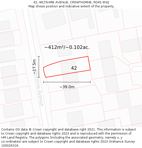 42, WILTSHIRE AVENUE, CROWTHORNE, RG45 6NQ: Plot and title map