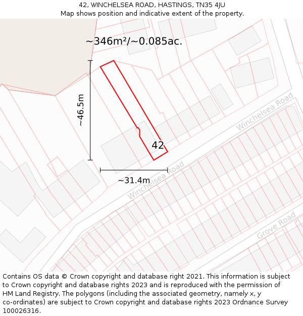 42, WINCHELSEA ROAD, HASTINGS, TN35 4JU: Plot and title map