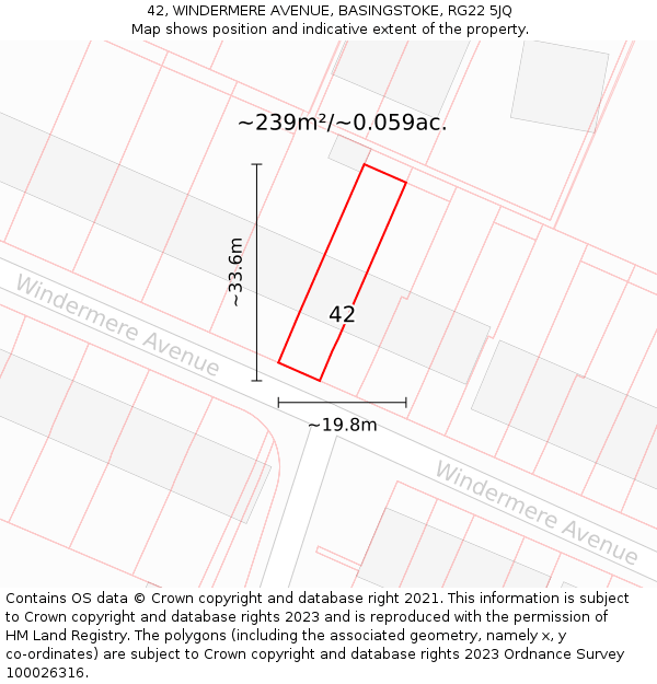 42, WINDERMERE AVENUE, BASINGSTOKE, RG22 5JQ: Plot and title map
