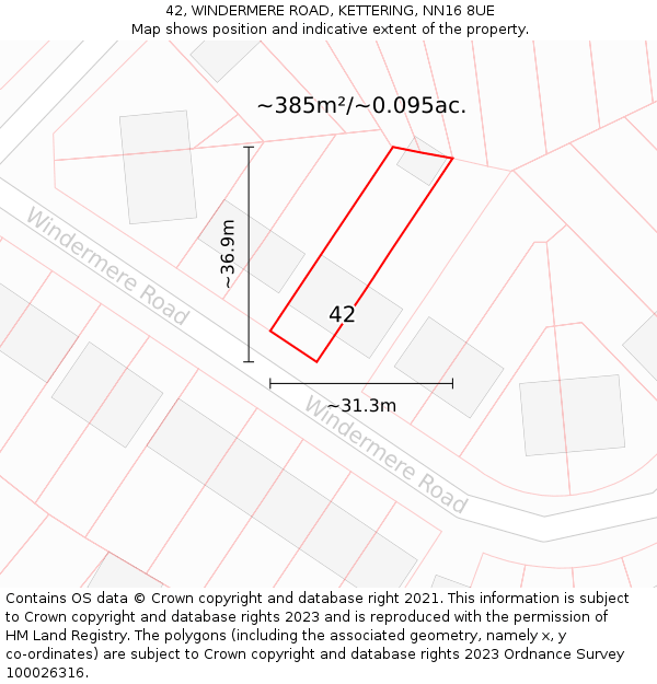 42, WINDERMERE ROAD, KETTERING, NN16 8UE: Plot and title map