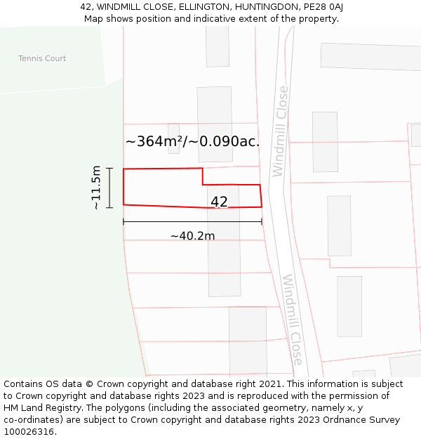 42, WINDMILL CLOSE, ELLINGTON, HUNTINGDON, PE28 0AJ: Plot and title map