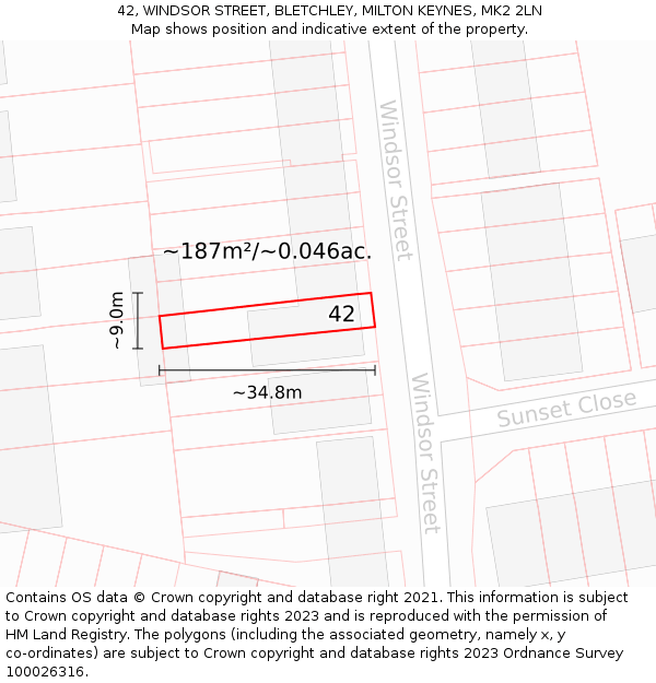 42, WINDSOR STREET, BLETCHLEY, MILTON KEYNES, MK2 2LN: Plot and title map
