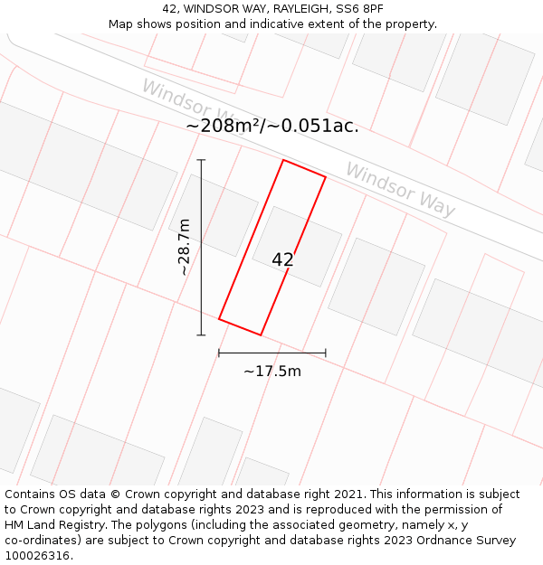 42, WINDSOR WAY, RAYLEIGH, SS6 8PF: Plot and title map