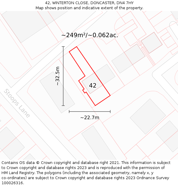 42, WINTERTON CLOSE, DONCASTER, DN4 7HY: Plot and title map