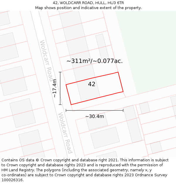 42, WOLDCARR ROAD, HULL, HU3 6TR: Plot and title map