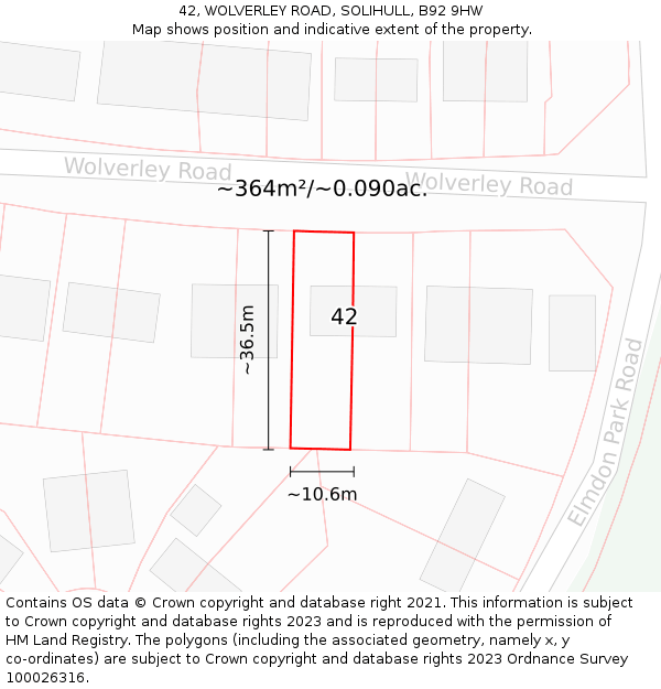 42, WOLVERLEY ROAD, SOLIHULL, B92 9HW: Plot and title map