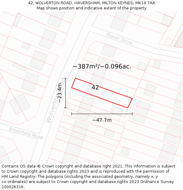 42, WOLVERTON ROAD, HAVERSHAM, MILTON KEYNES, MK19 7AA: Plot and title map