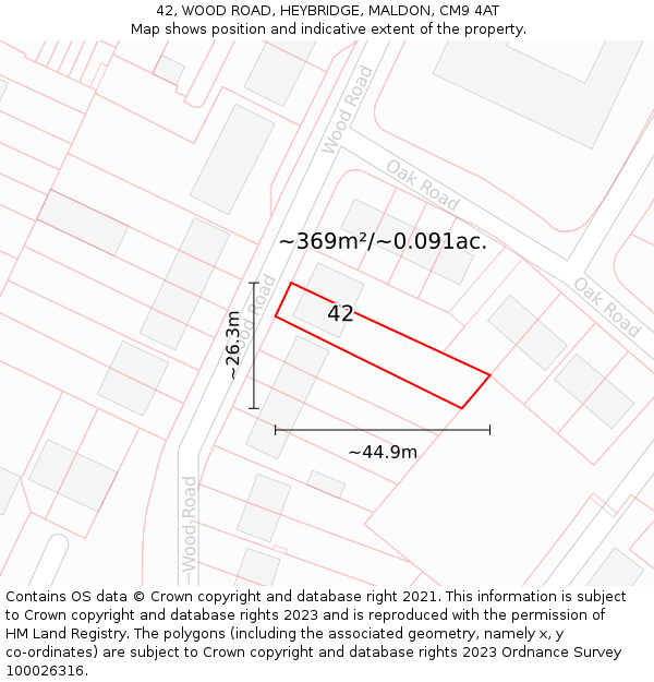 42, WOOD ROAD, HEYBRIDGE, MALDON, CM9 4AT: Plot and title map