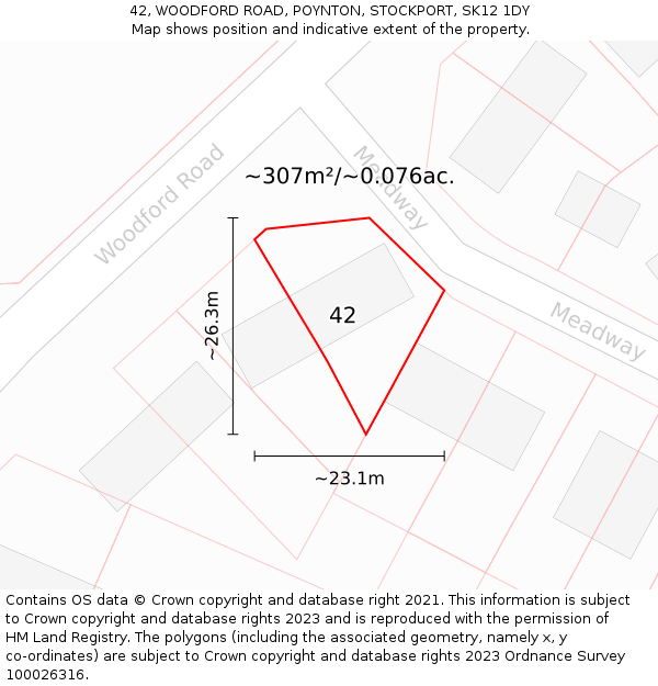 42, WOODFORD ROAD, POYNTON, STOCKPORT, SK12 1DY: Plot and title map