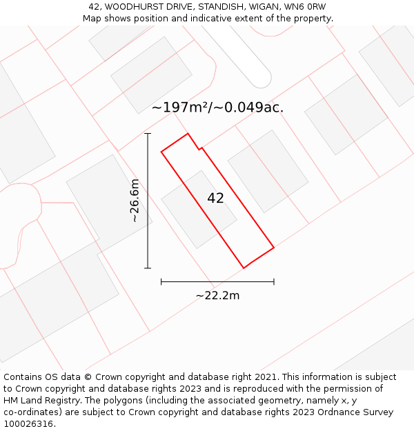42, WOODHURST DRIVE, STANDISH, WIGAN, WN6 0RW: Plot and title map